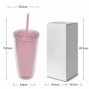 Doppelwandiger isolierter Plastikbecher mit Strohhalm und Box, 710ml pinkfarbener Becher.