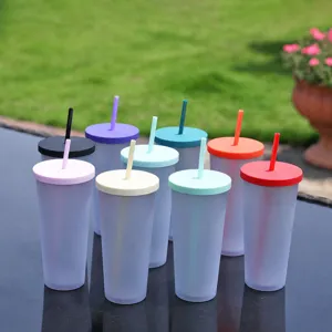 Vaso de Plástico Portátil con Pajita Vaso Esmerilado de Doble Capa Taza de Agua de Verano con Tapa y Pajita