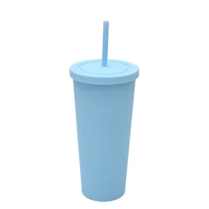 Primo piano del bicchiere in plastica azzurro opaco, dettaglio della finitura e cannuccia.