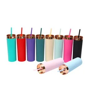 16oz matte plastic straw tumbler straight water cup with rose gold lid drinkware