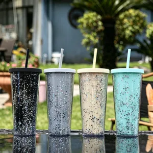Dubbelwandige Kunststof Beker met Rietje en Glitter Pailletten Draagbare Beker voor Buiten Reizen Koude Drank