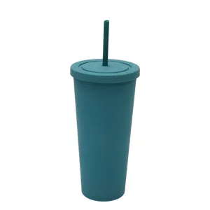 Dettaglio in primo piano del bicchiere di plastica a doppia parete verde con finitura opaca.