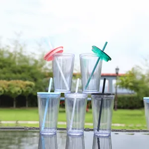 16oz double layer plastic straw cup, portable clear tumbler with lid for daily travel use.
