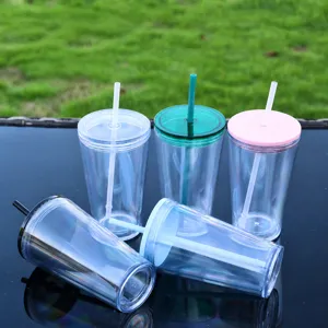 16oz Double Layer Plastic Tumbler with Straw and Lid Portable Clear Water Cup for Daily Use