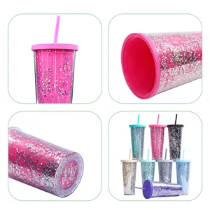 Dubbelwandige glinsterende rietje beker plastic waterbeker voor zomerse outdoor sport