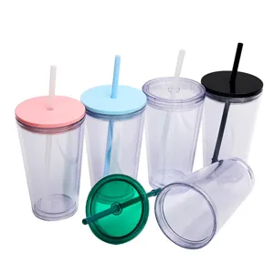 16oz double wall plastic tumbler with straw clear reusable water cup set portable