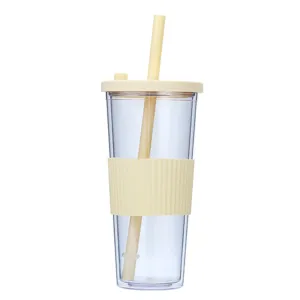 Clear plastic straw cup detail shot, showing transparent body and beige silicone sleeve.
