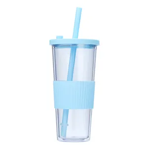 Clear double layer plastic straw cup with blue lid and silicone sleeve for boba water.