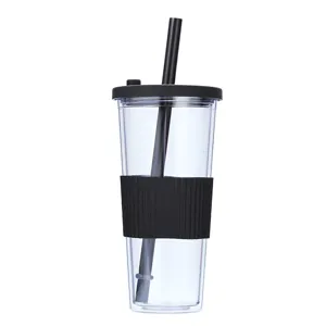 Detailed closeup of a clear double-wall plastic cup with a black lid, straw, and silicone sleeve.