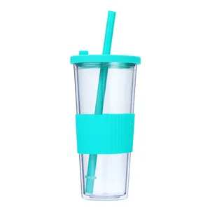 Detailed view of clear double-wall plastic tumbler with wide straw and silicone sleeve.