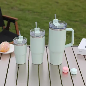 Stainless steel insulated tumbler set, portable car mug with straw and handle, green.