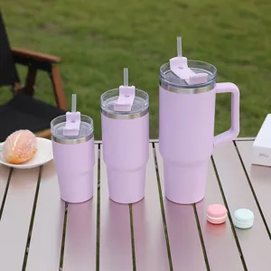 Stainless steel vacuum insulated tumbler set with straw and handle for car and outdoor use.