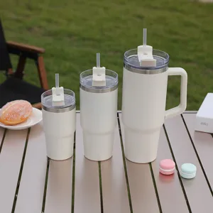 Stainless steel insulated travel tumbler with handle, portable straw cup for car and outdoor.