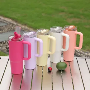 Stainless steel tumbler with handle and straw, large capacity travel car mug for outdoor use.