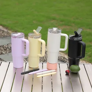 Stainless steel car tumbler large capacity insulated travel mug with handle and straw for outdoor