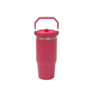 Detailansicht des 20oz Edelstahl Reisebechers mit Griff und rosa Finish, tragbares Design.