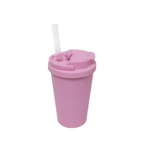 Pink dual-drinking tumbler with straw, portable travel water cup detailed close-up shot view.