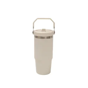 Edelstahl Thermobecher Detailansicht mit tragbarem Griff und praktischem Doppeltrinkdeckel design.