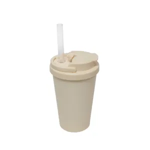 Detailed view of beige double drinking straw insulated tumbler cup with clear straw.
