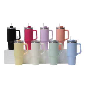 Stainless steel insulated travel tumbler with handle and straw, multi-color car cup.