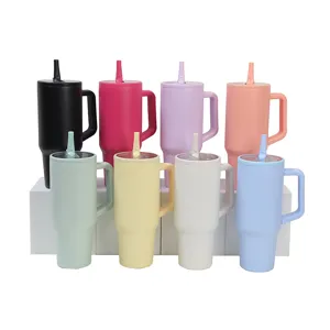 40oz stainless steel vacuum insulated tumbler with handle and straw, colorful car travel mug.