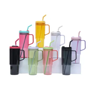 Details of colorful 40oz plastic travel mugs with handles and straws, perfect daily drinkware.