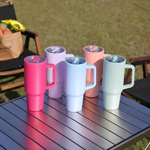 Outdoor camping stainless steel vacuum insulated tumbler with handle and straw lid 40oz.