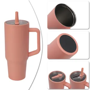 Pink 40oz stainless steel vacuum insulated tumbler with handle, straw lid and car cup design.