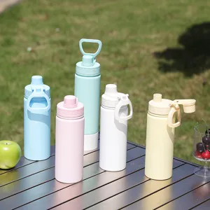 Tragbare Edelstahl Vakuum Sport Trinkflasche mit praktischem Griff und Deckel in Pastellfarben.