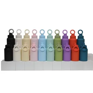 Stainless steel insulated water bottle with ring lid, colorful sports flask for outdoor use.
