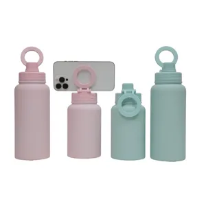 Stainless steel vacuum water bottle with magnetic phone stand lid for outdoor sports