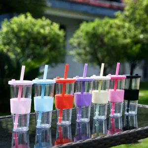 Large Capacity Double Layer Plastic Straw Cup Transparent Boba Tea Tumbler With Silicone Sleeve And Lid Portable Water Cup