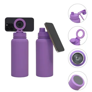 Close-up details of the purple stainless steel water bottle with magnetic phone holder lid.