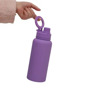 Purple stainless steel insulated water bottle with magnetic phone holder lid for sports.