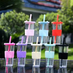 Double wall plastic straw tumbler clear large capacity boba cup with silicone sleeve