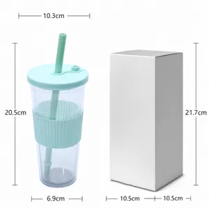 Clear plastic straw cup with lid and silicone sleeve, large capacity boba tea cup for daily use.