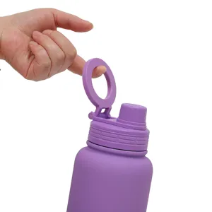 Stainless steel thermos water bottle with magnetic phone holder lid, purple outdoor cup.