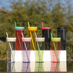 Detail view of colorful 40oz plastic tumblers with straws, large capacity portable drinkware.