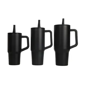 Stainless steel tumbler with handle and straw lid, matte black insulated car water cup set.