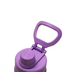Nahaufnahme des tragbaren violetten Wasserflaschendeckels mit klappbarem Griff, Design.