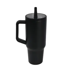Stainless steel 40oz insulated tumbler with handle and straw lid, matte black finish.