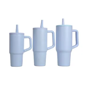 304 Stainless Steel Insulated Tumbler With Handle And Straw Lid Blue Car Travel Mug
