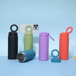 Stainless steel vacuum insulated water bottle with magnetic phone stand, 500ml sports flask.