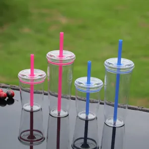 Clear plastic tumbler detail, transparent cup with colorful straw for daily drink use outdoor.