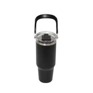 Detailed view of the 40oz black insulated tumbler with handle, showcasing lid and build.