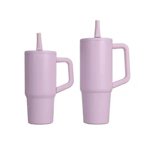 Stainless steel insulated tumbler with handle and straw, purple travel mug for daily use.