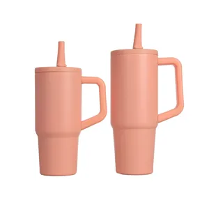 Pink tumbler detail view featuring dual sizes, ergonomic handles, and convenient straw lids.