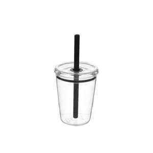 Clear tritan straw cup detail, transparent tumbler with black lid and straw, 12oz.