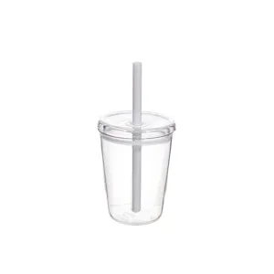 Clear 12oz plastic tumbler with straw and lid, detail view showing transparent cup body.