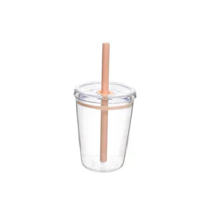 Detailed view of the 12oz clear Tritan straw cup featuring a cute pink silicone straw.